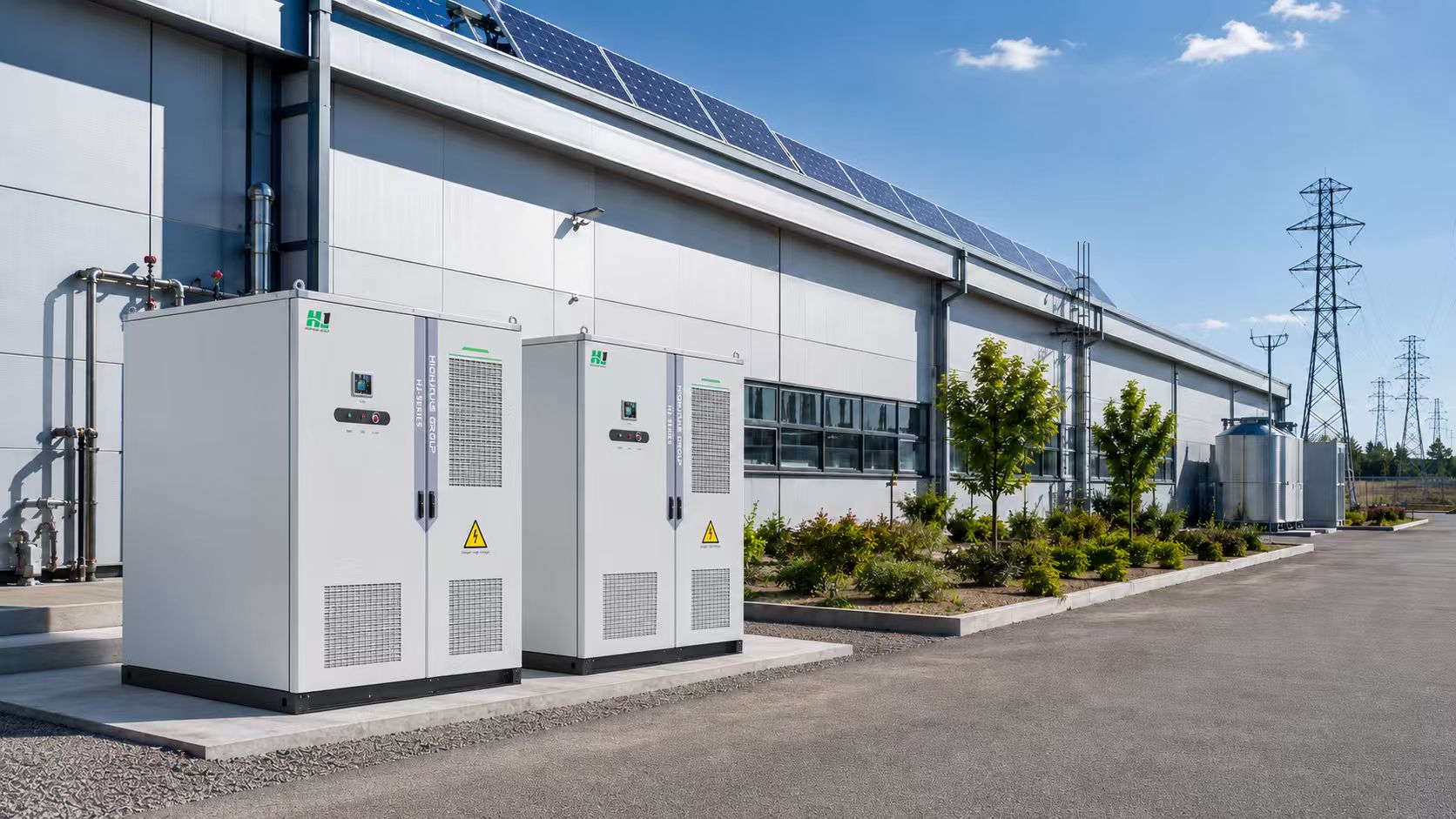 Side-by-side energy storage cabinets at an industrial facility