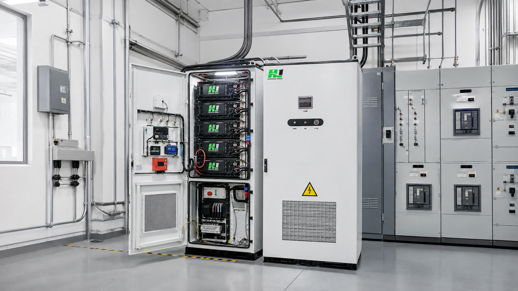 Open side-by-side energy storage cabinet showing battery modules