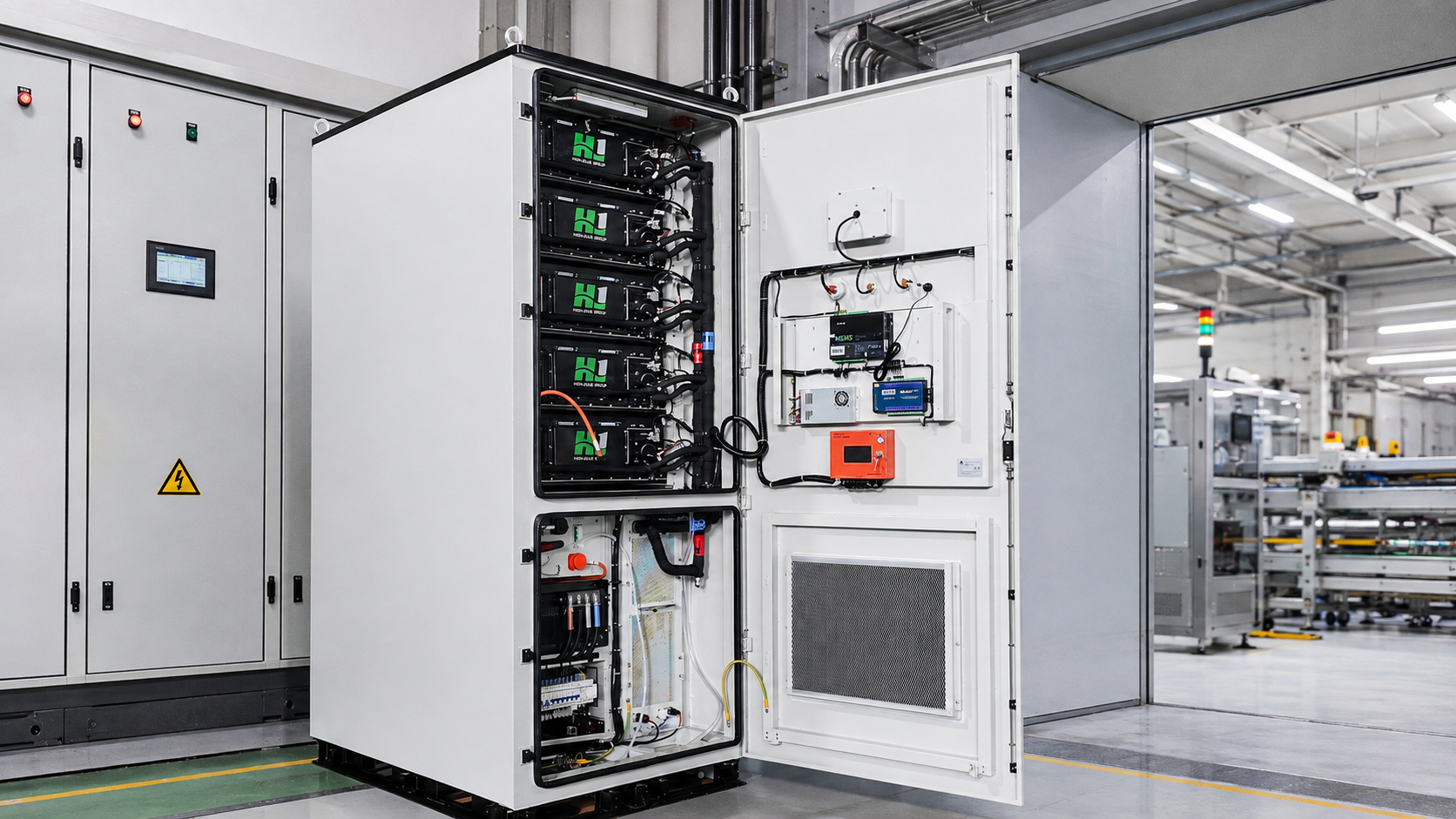 Open top-and-bottom energy storage cabinet in production facility